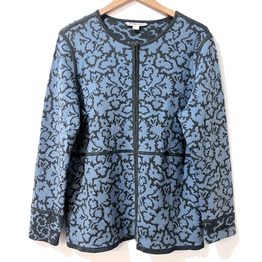 Pendleton Blue & Charcoal Tapestry Merino Wool Full Zip Sweater Cardigan / XL